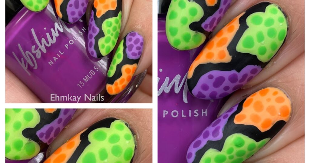 Arte abstrata em unhas de néon para Halloween