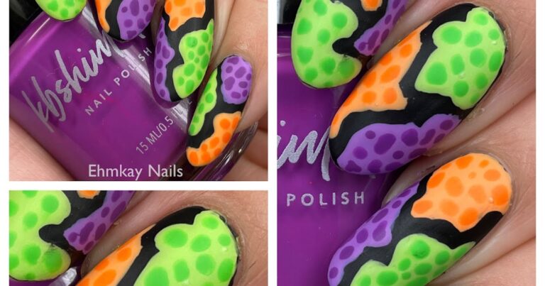 Arte abstrata em unhas de néon para Halloween