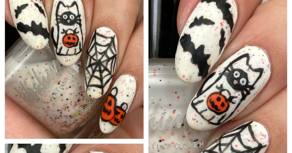 Arte de unhas de Halloween fantasma de gato