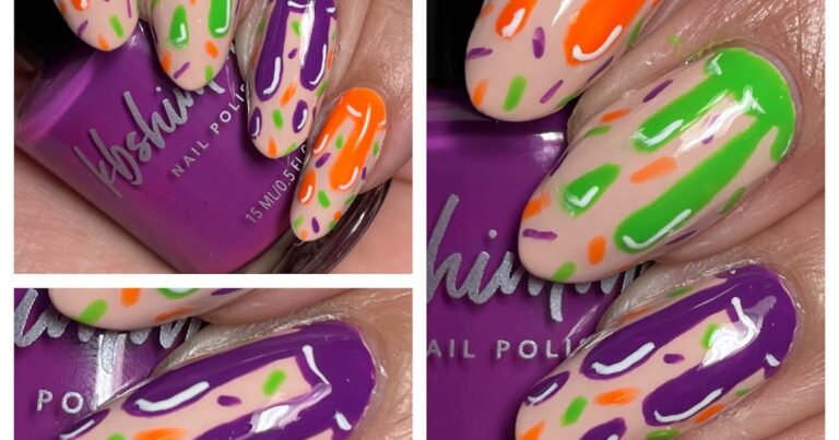 Arte em unhas com gotejamento de Halloween em néon