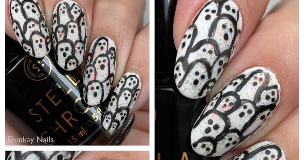 Arte em unhas de Halloween com fantasmas assustadores