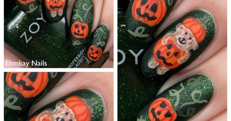 Arte em unhas de urso de abóbora de Halloween