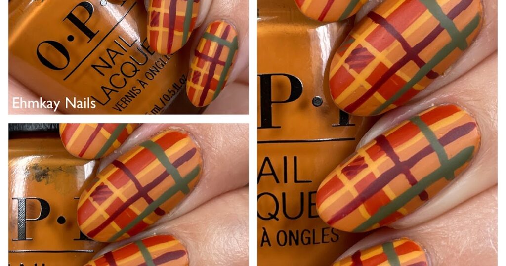 Arte em unhas xadrez de outono de ação de graças