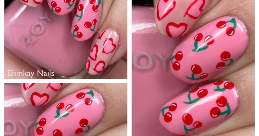 Arte em unhas para o dia dos namorados com corações e cerejas