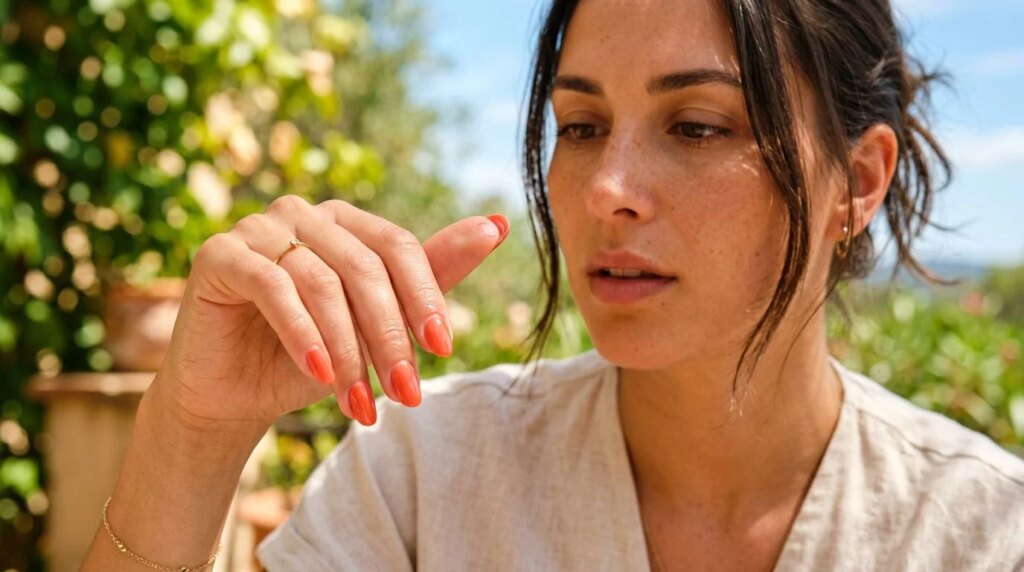 Woman examining gel nails lifting during hot summer weather