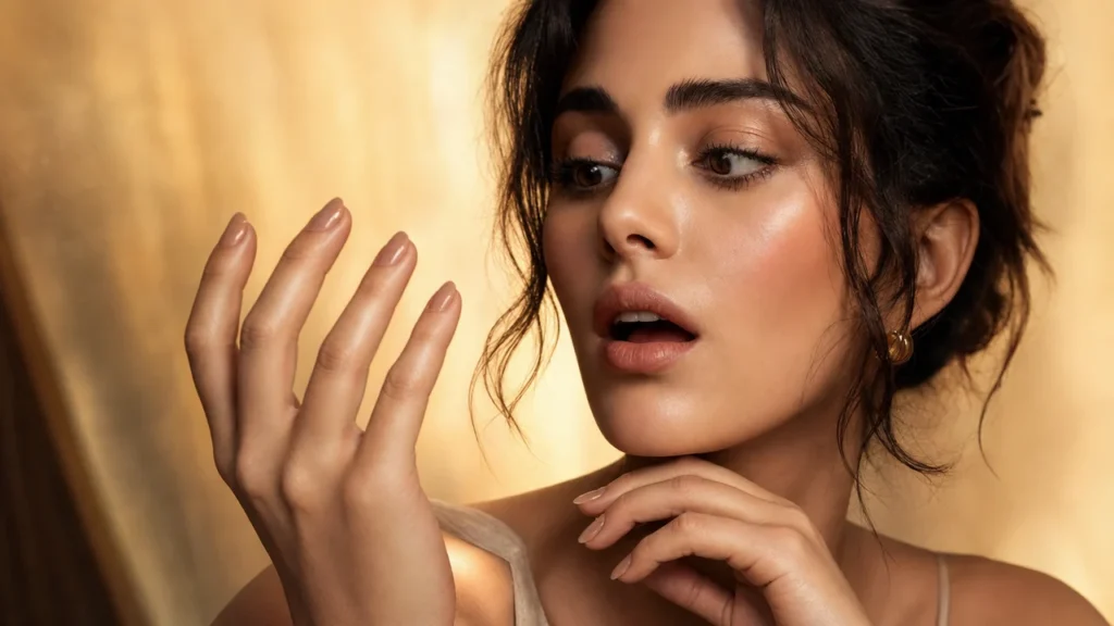 A beautiful woman with glossy, healthy nails holds her hand up close to her face, examining the base of her nails with a look of surprised curiosity, dramatic beauty editorial lighting