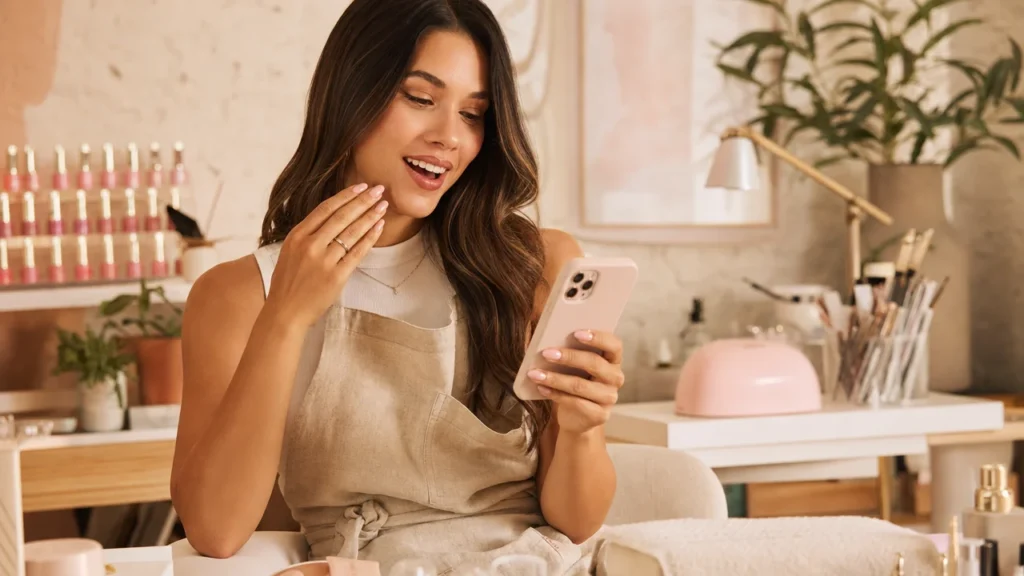 A confident young woman nail technician smiling at her phone while reviewing her booking platform, freshly painted nails visible, warm studio lighting