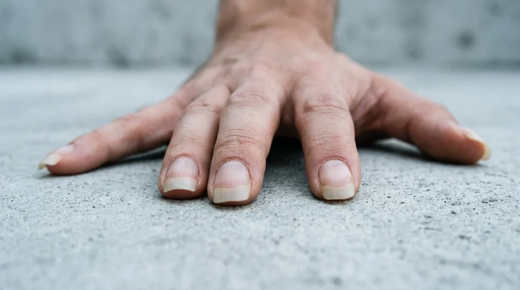 Natural fingernails on a dominant hand showing healthy nail growth and length
