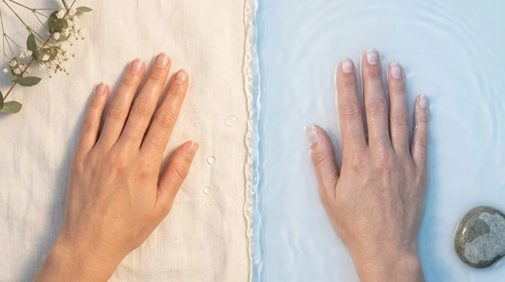 Comparison of dry and water-soaked fingernails, showing how prolonged exposure to water can temporarily soften the nail plate.