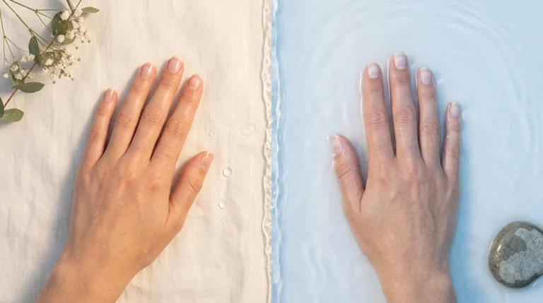 Comparison of dry and water-soaked fingernails, showing how prolonged exposure to water can temporarily soften the nail plate.